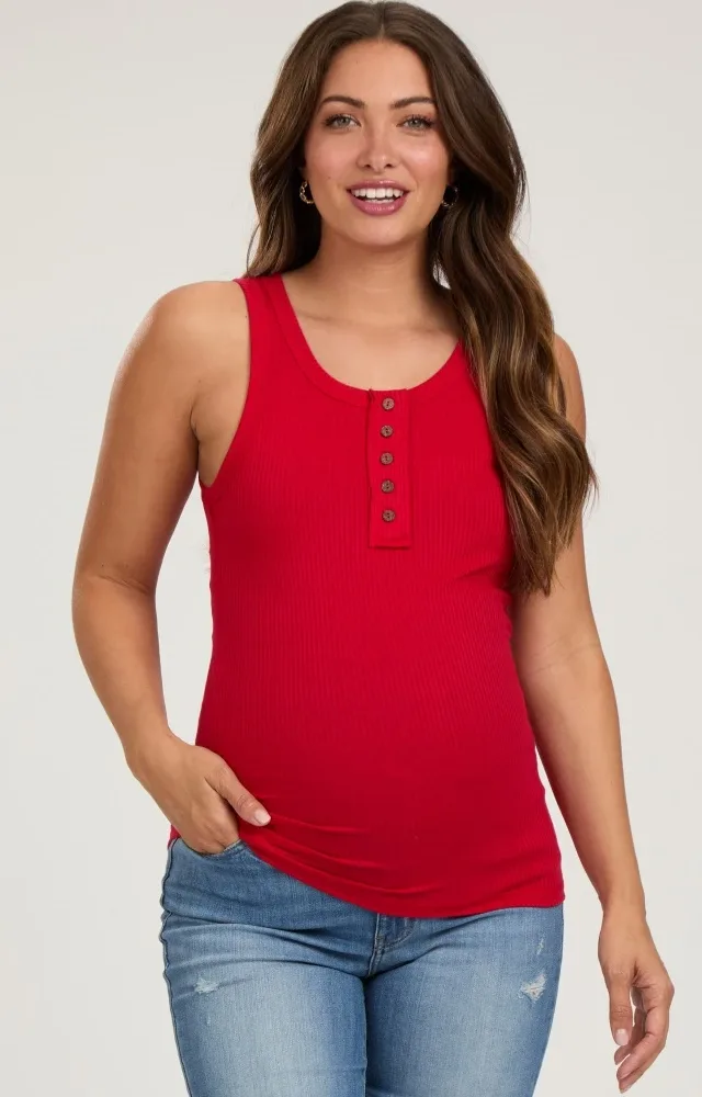 Red Button Accent Ribbed Maternity Tank