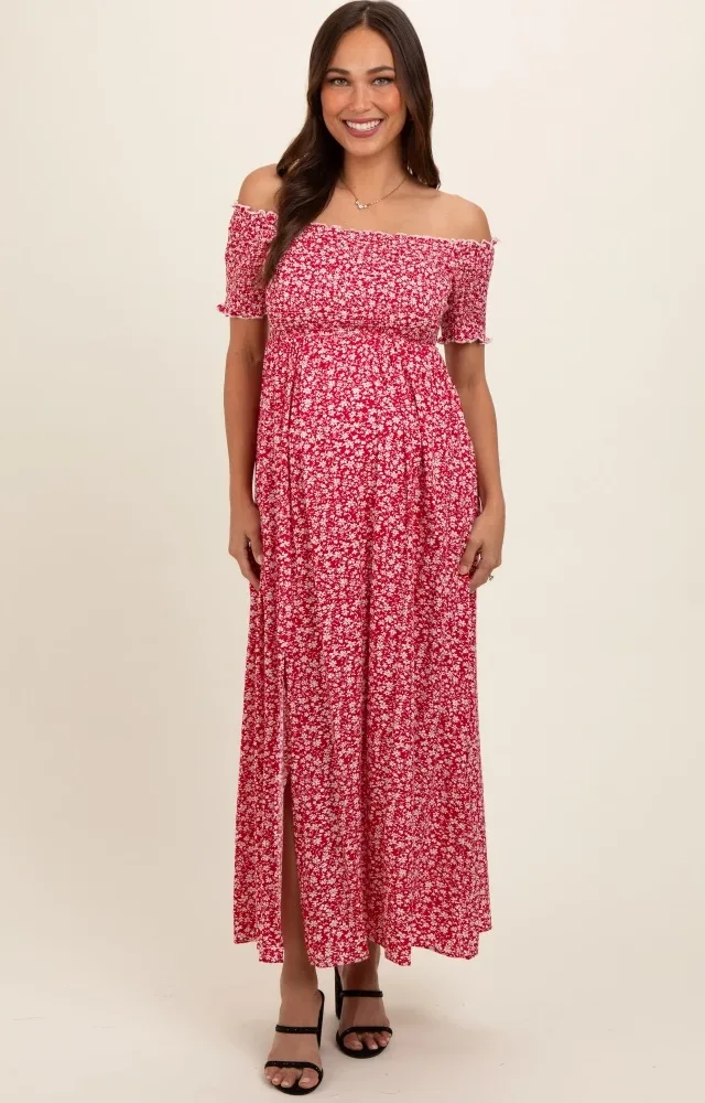 Red Floral Smocked Fitted Sleeve Side Slit Maternity Maxi Dress