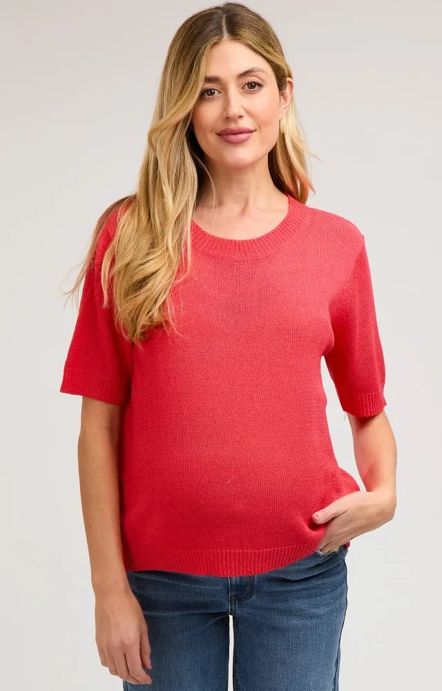 Red Knit Short Sleeve Maternity Top