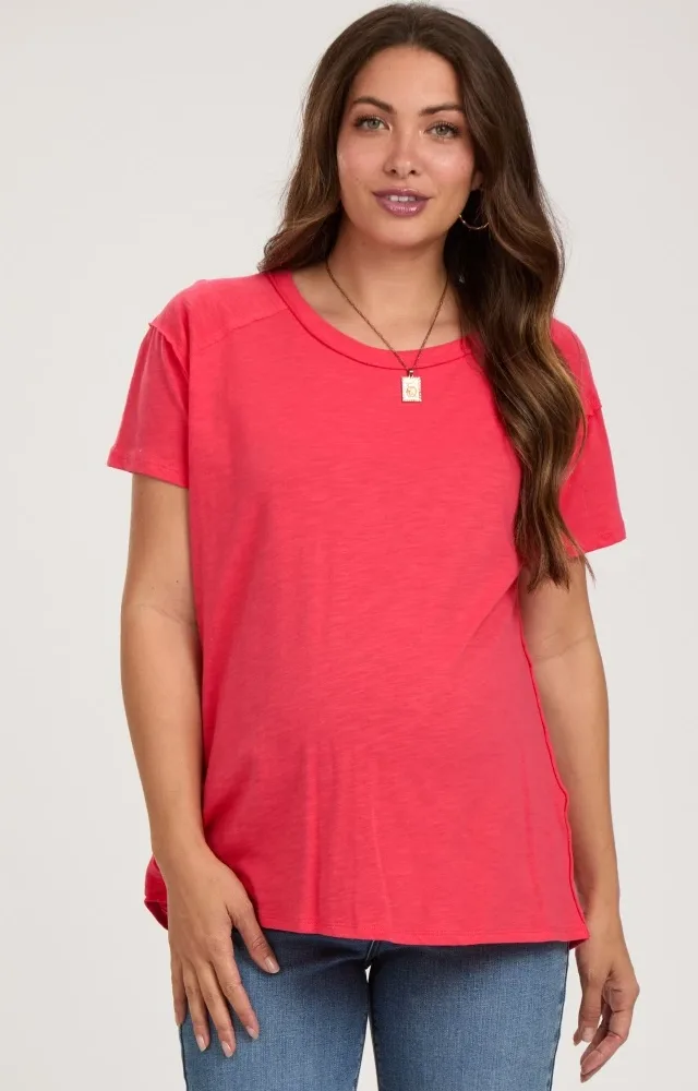 Red Raw Hem Maternity Short Sleeve Top