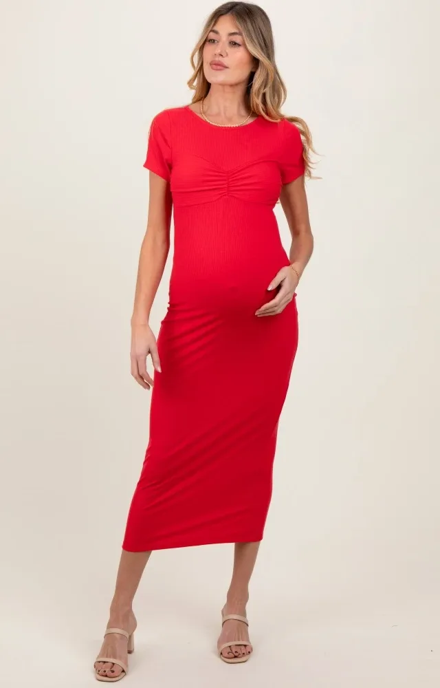 Red Ruched Bust Short Sleeve Maternity Maxi Dress