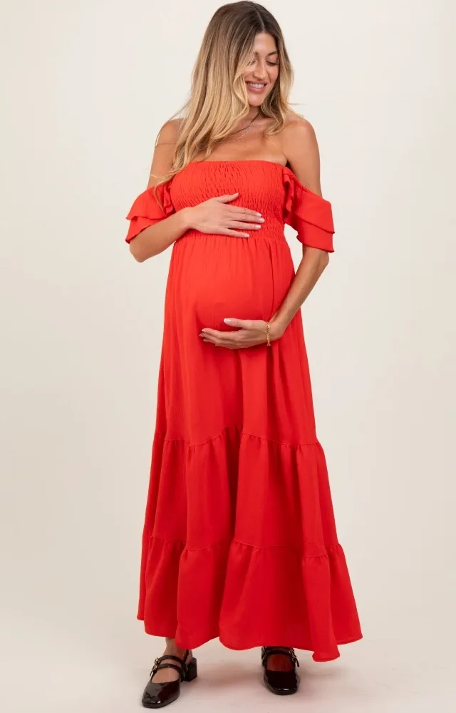 Red Smocked Ruffle Off Shoulder Tiered Maternity Dress