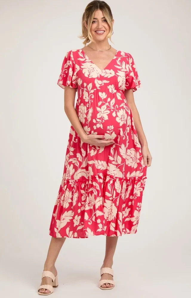 Red Tropical Print Ruffle Maternity Midi Dress