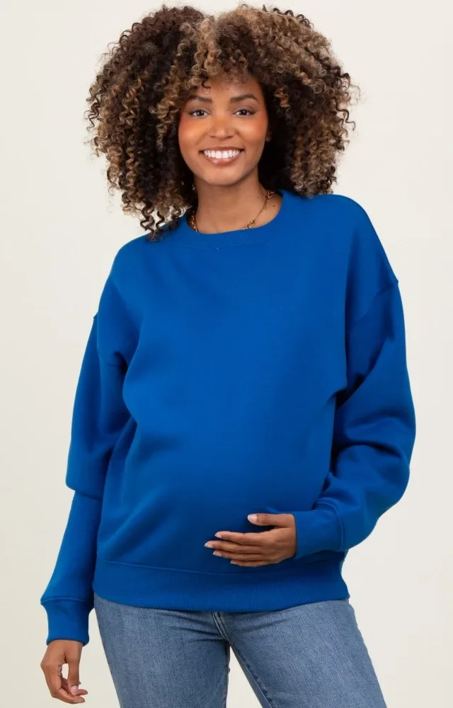 Royal Blue Basic Fleece Crewneck Maternity Sweatshirt