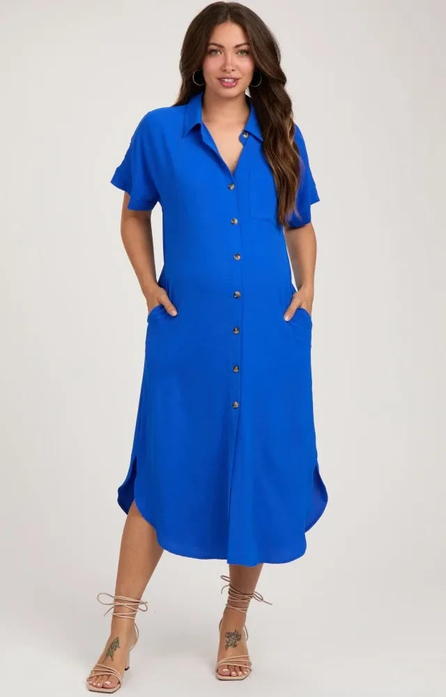 Royal Blue Button Down Front Pocket Maternity Dress