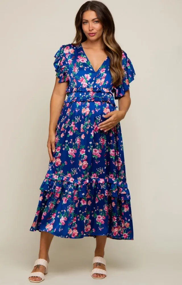 Royal Blue Floral Satin Ruffle Maternity Midi Dress