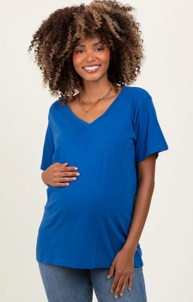 Royal Blue Oversized V-Neck Short Sleeve Maternity Tee