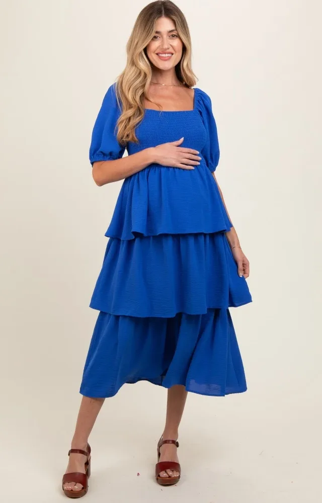 Royal Blue Smocked Body Ruffled Tiered Maternity Dress