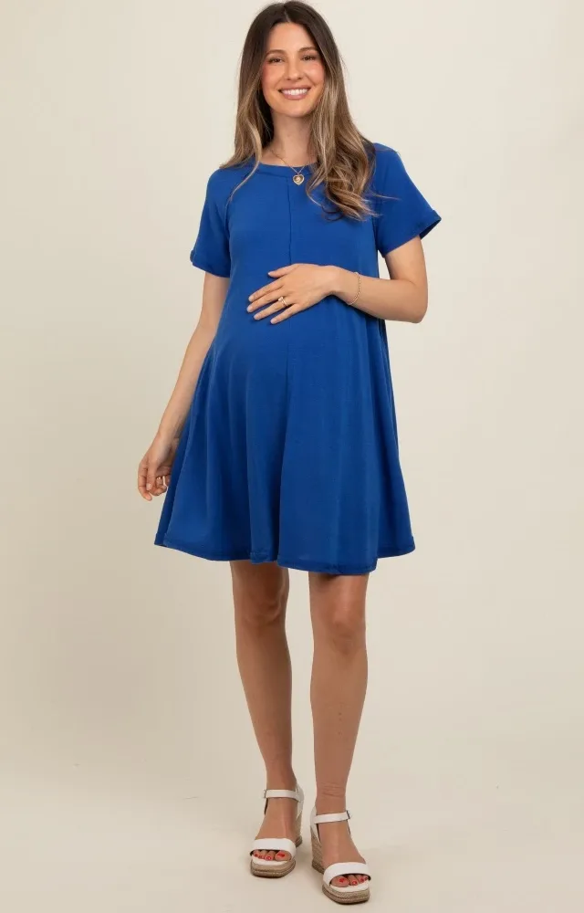 Royal Blue Solid T-Shirt Maternity Mini Dress