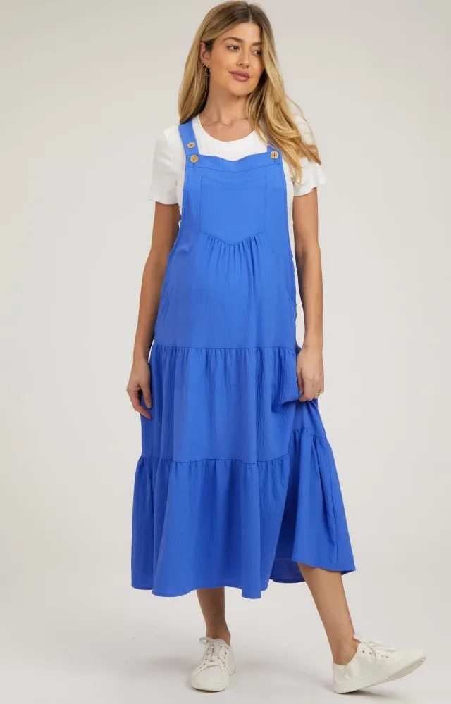 Royal Button Sling Tiered Maternity Midi Dress