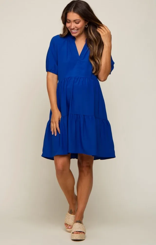 Royal Satin Ruffle V-Neck Short Sleeve Maternity Dress