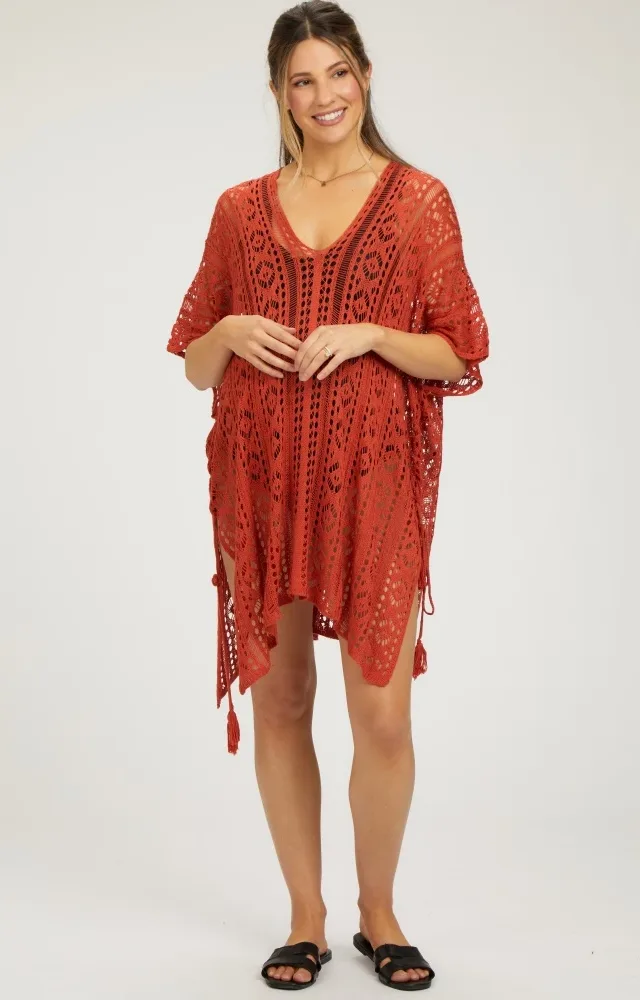 Rust Crochet Knit Maternity Swim Cover Up