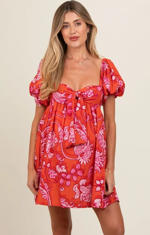 Rust Floral Knot Front Sweetheart Neck Short Puff Sleeve Maternity Dress