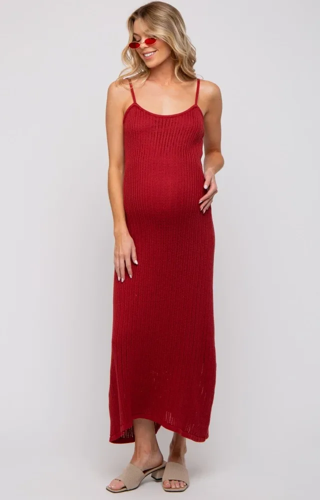 Rust Open Knit Crochet Maternity Midi Dress