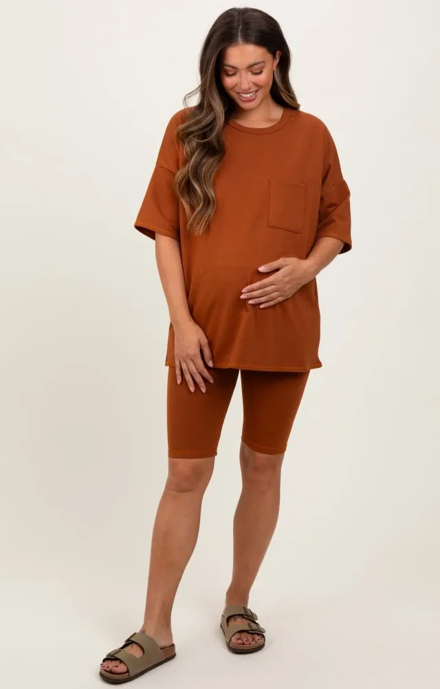 Rust Oversized Short Sleeve Biker Short Maternity Set