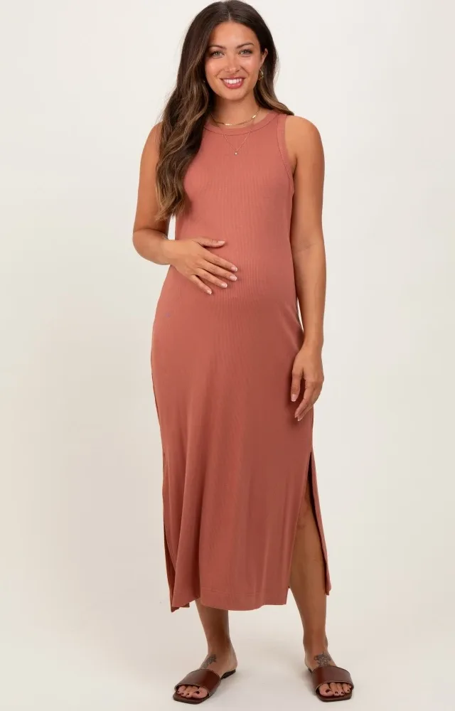 Rust Sleeveless Side Slit Maternity Midi Dress