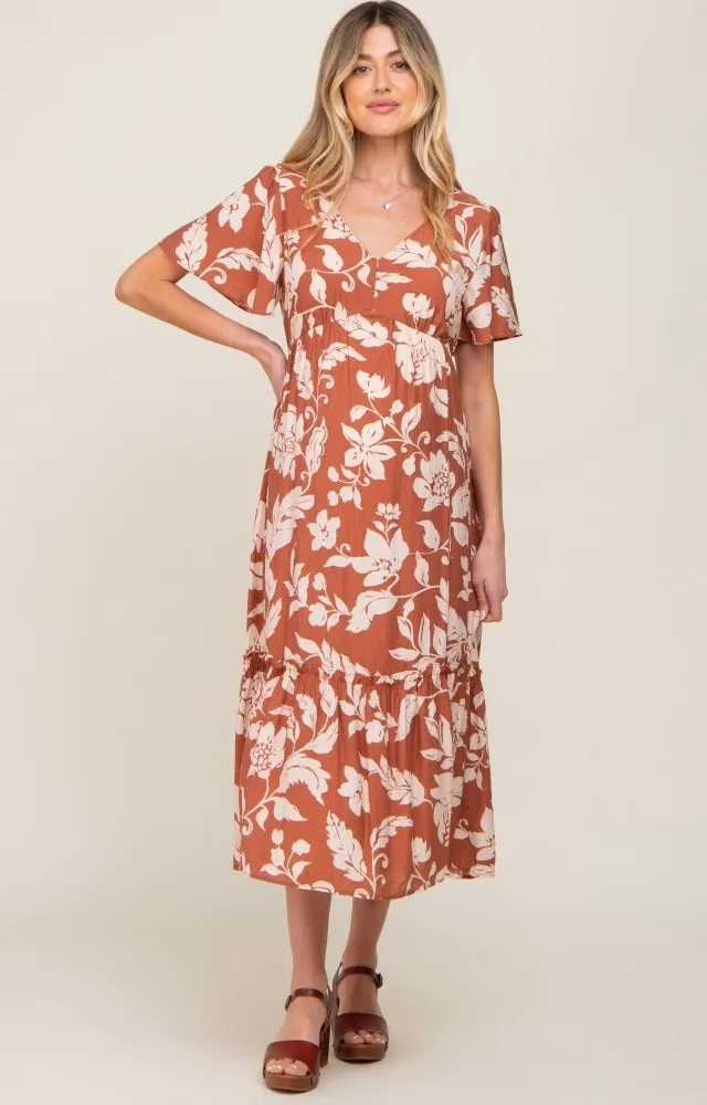 Rust Tropical Print Ruffle Maternity Midi Dress