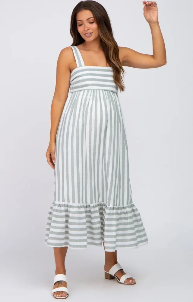 Sage Striped Ruffle Hem Maternity Maxi Dress