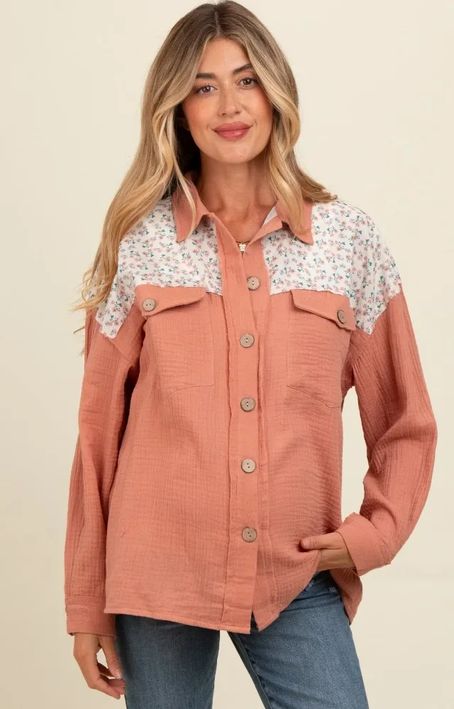 Salmon Colorblock Floral Maternity Button Down