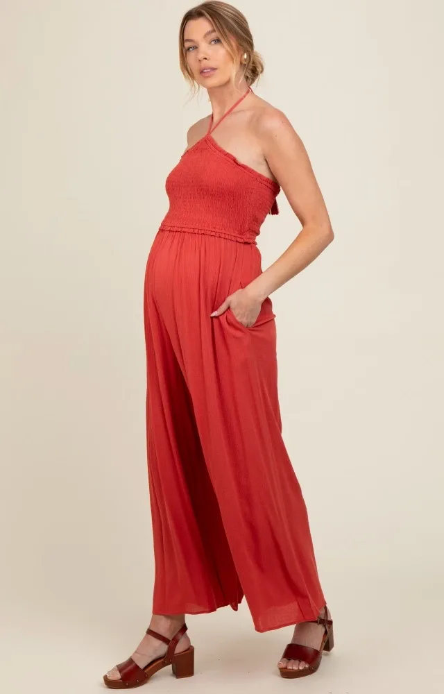 Scarlet Back Cutout Smocked Halter Wide Leg Maternity Jumpsuit