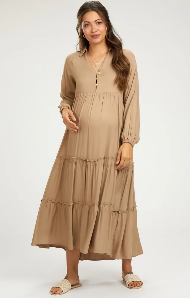 Taupe Button Front V-Neck Ruffle Tiered Maternity Midi Dress