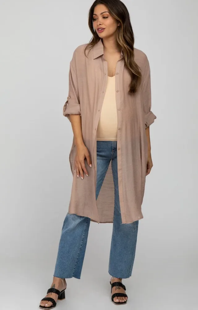 Taupe Button Side Slit Oversized Maternity Blouse