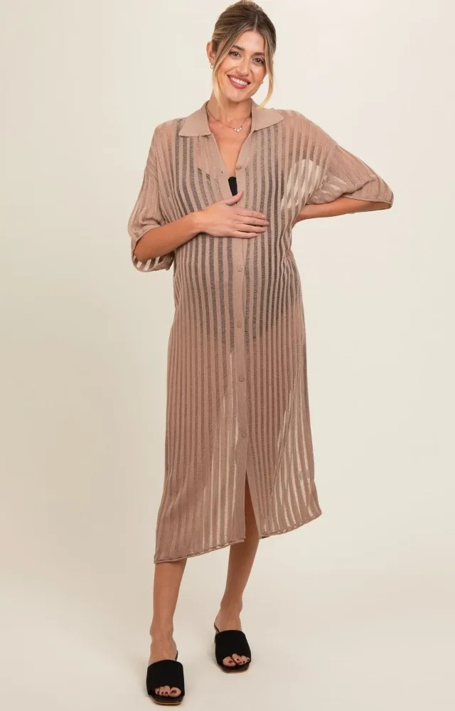 Taupe Distressed Collared Maternity Cover-Up