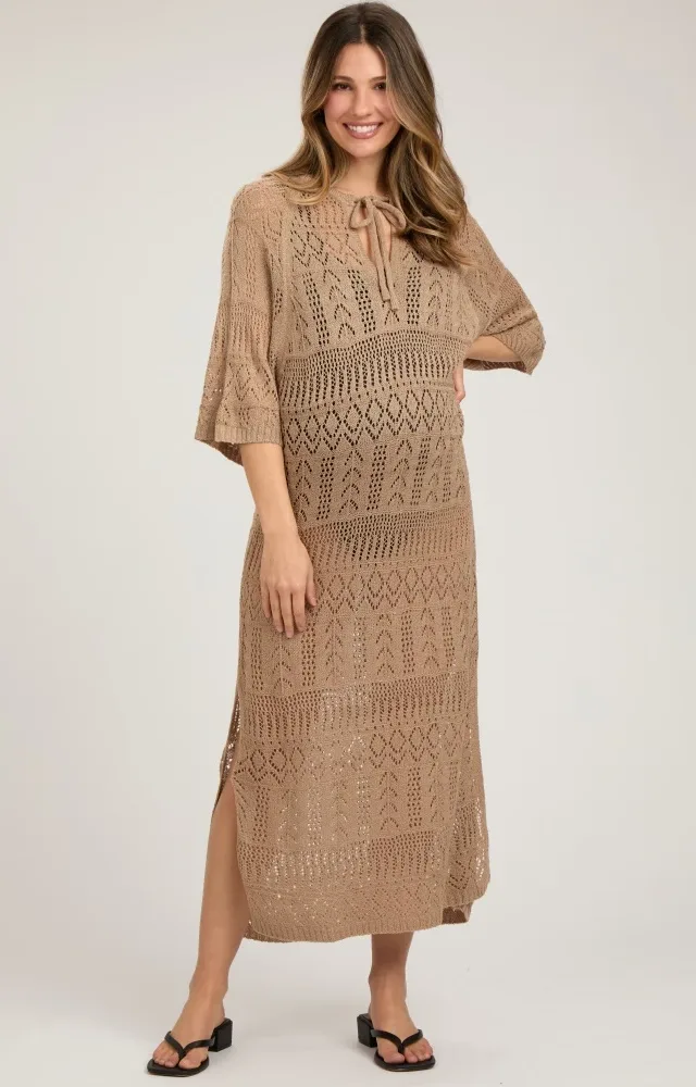 Taupe Open Knit Front Tie Side Slit Midi Maternity Swim Cover Up