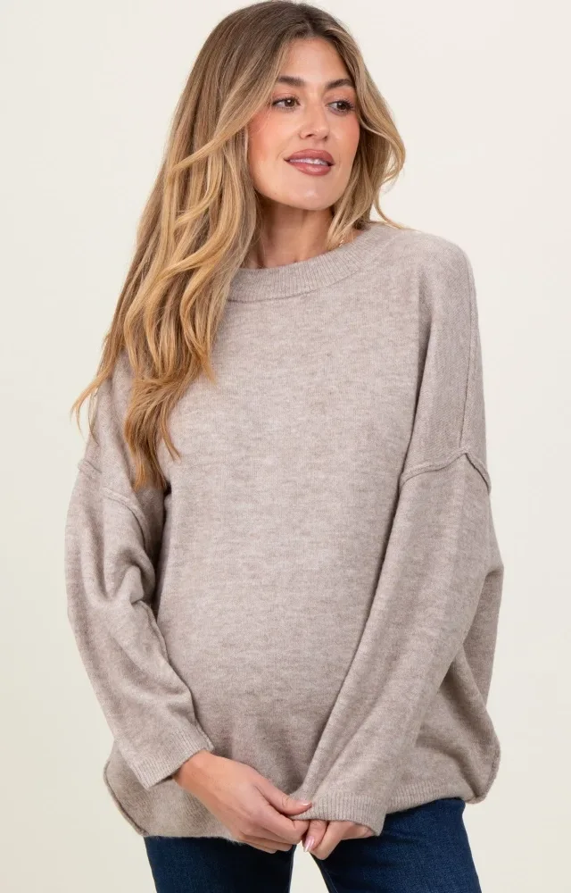 Taupe Oversized Crewneck Melange Knit Maternity Sweater