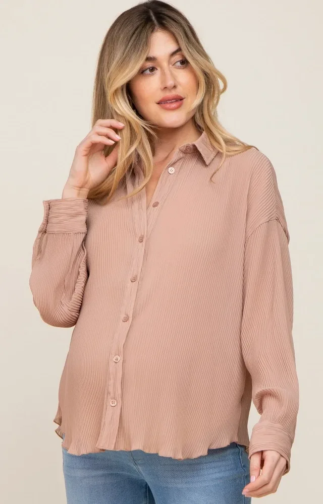 Taupe Plisse Maternity Chiffon Blouse