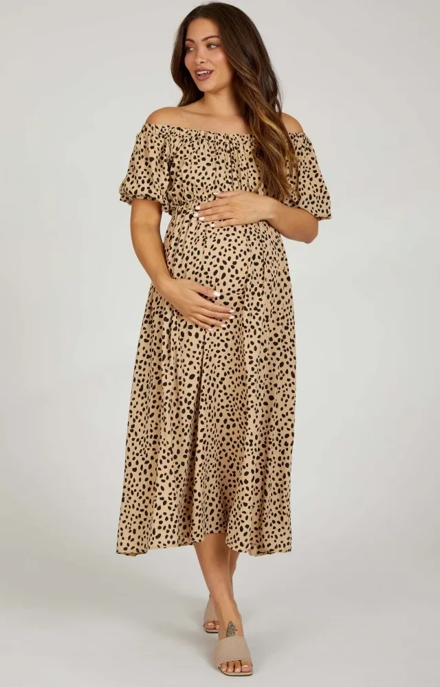 Taupe Printed Puff Short Sleeve Maternity Midi Dress