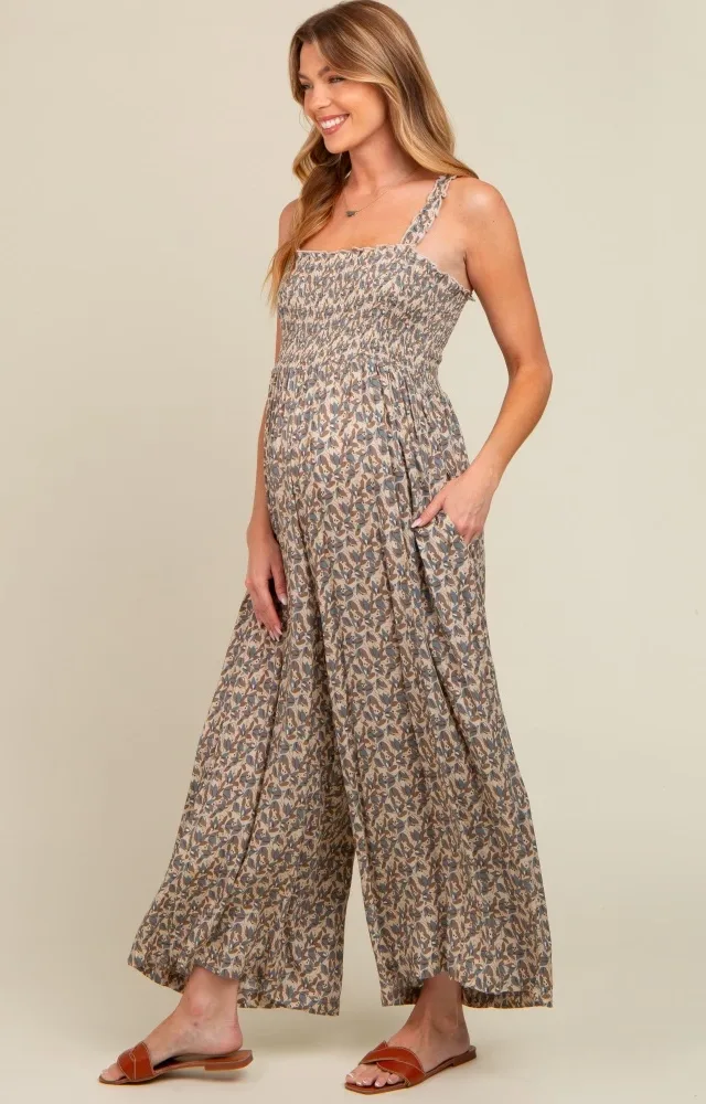 Taupe Printed Smocked Wide Leg Maternity Jumpsuit