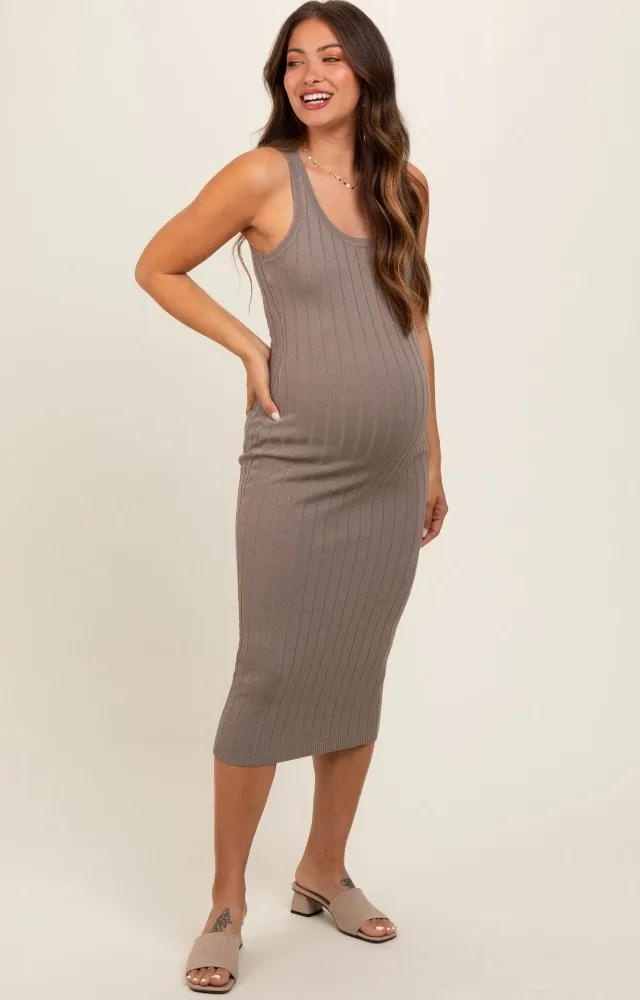 Taupe Rib Knit Sleeveless Maternity Midi Dress