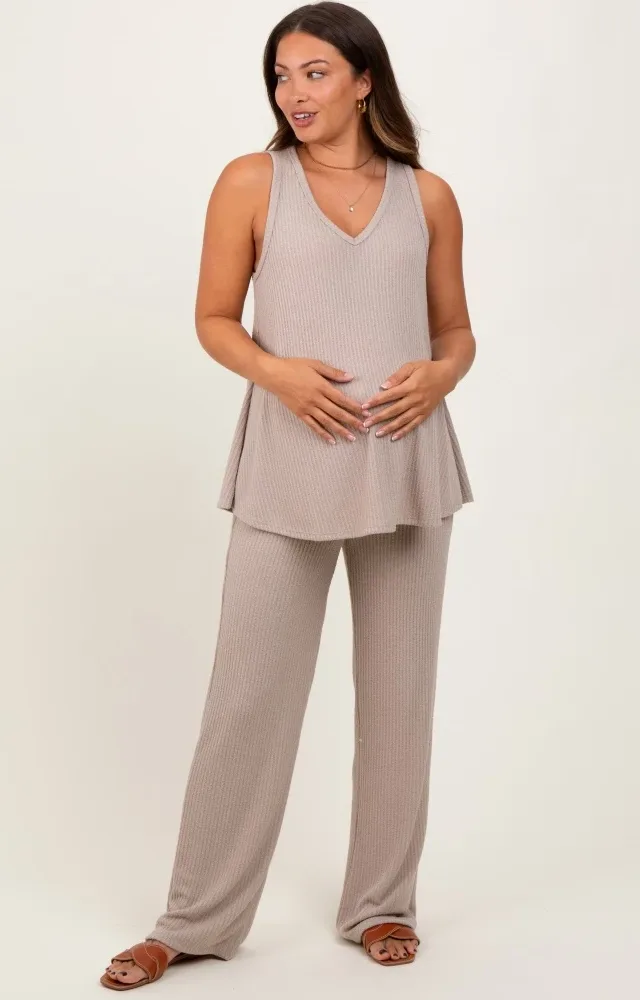 Taupe Rib Knit Tank And Pant Maternity Set