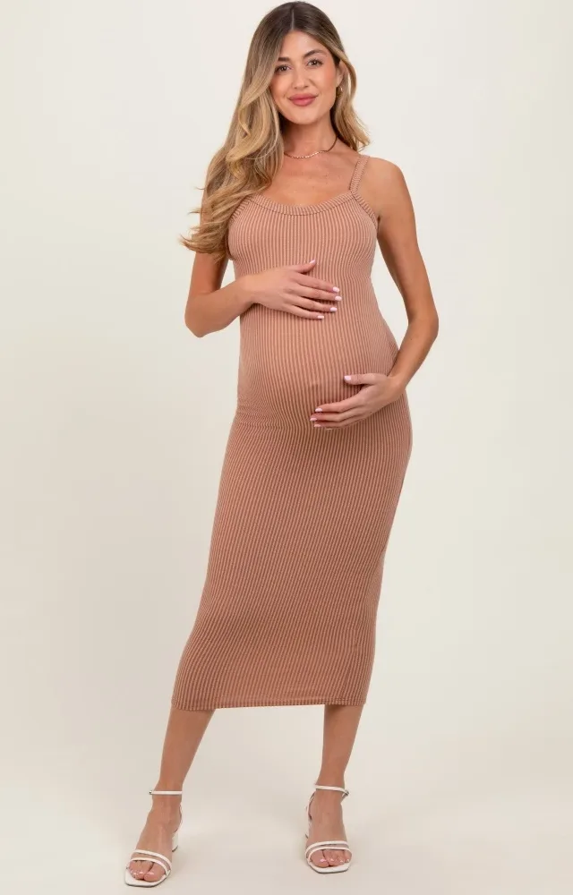 Taupe Ribbed Cami Maternity Midi Dress