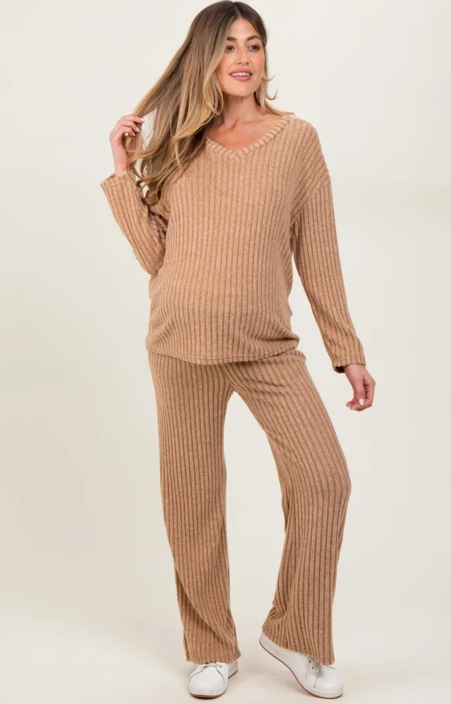 Taupe Ribbed Soft Knit Long Sleeve Maternity Pajama Set