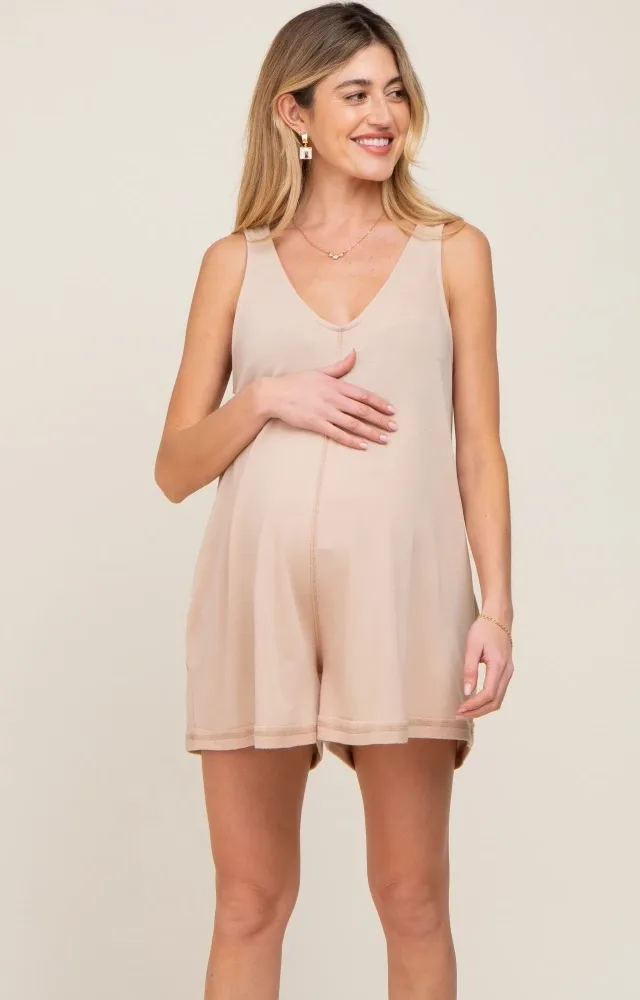 Taupe Rounded V-Neck Sleeveless Maternity Romper