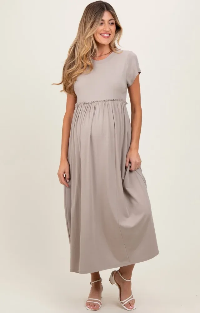 Taupe Ruffle Trim Maternity Maxi Dress