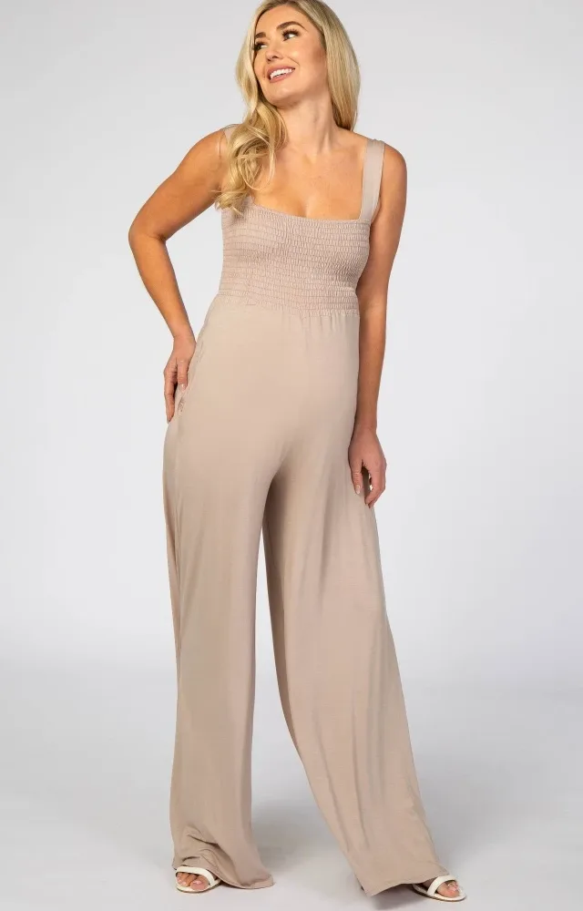 Taupe Sleeveless Wide Leg Maternity Jumpsuit