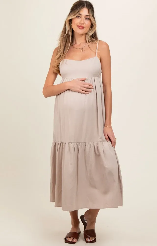 Taupe Square Neck Sleeveless Tiered Maternity Maxi Dress