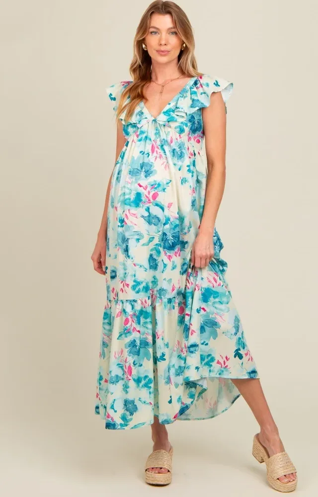 Teal Floral Ruffle Accent V-Neck Maternity Maxi Dress