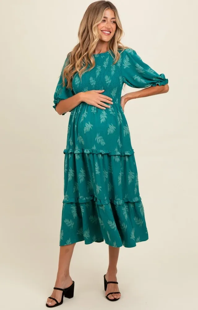 Teal Leaf Print Smocked Maternity Midi Dress