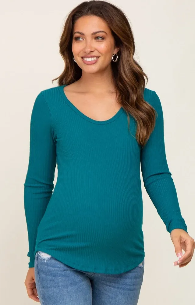 Teal Ribbed Scoop Neck Long Sleeve Maternity Top