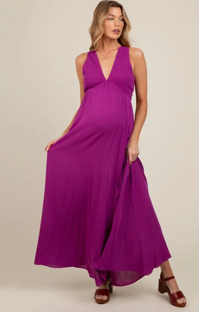 Violet Deep V-Neck Cross Back Maternity Maxi Dress