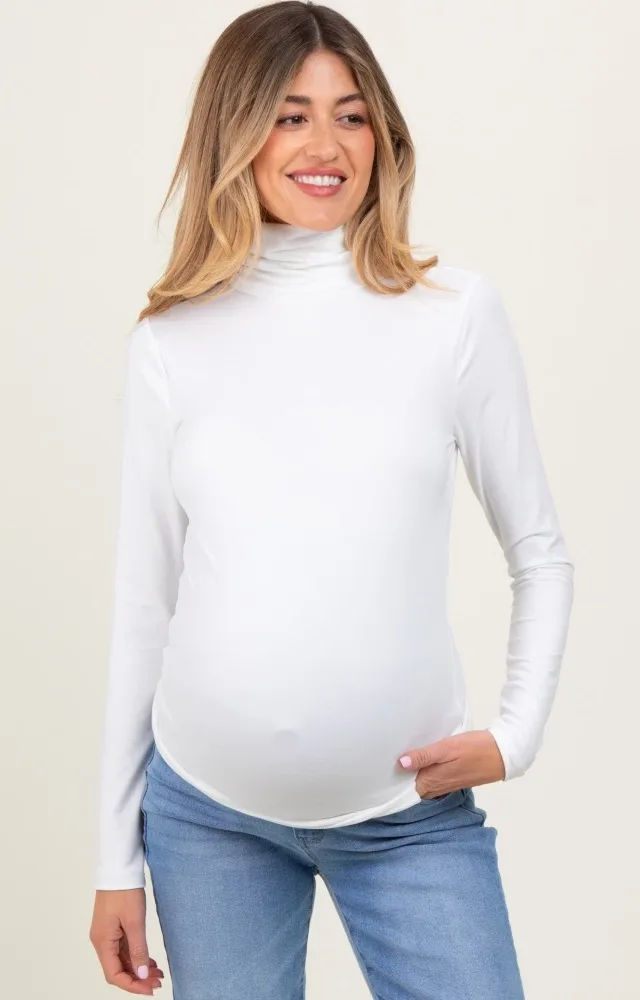 White Brushed Knit Basic Turtleneck Maternity Top