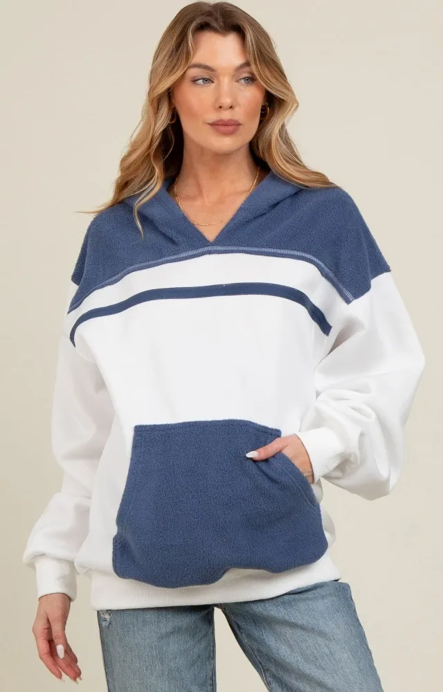 White Colorblock Front Pocket Maternity Hoodie