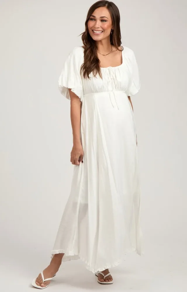 White Front Tie Puff Sleeve Maternity Maxi Dress