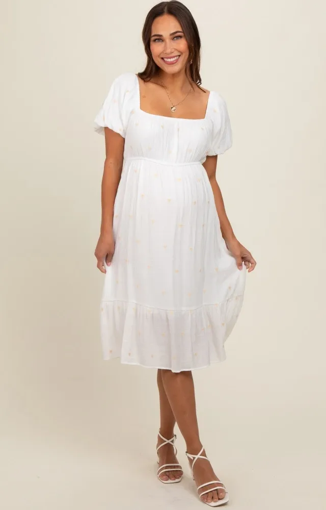 White Heart Embroidered Short Puff Sleeve Maternity Midi Dress