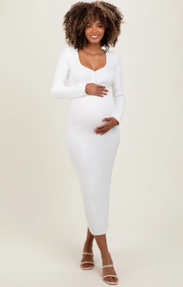 White Henley Ribbed Maternity Midi Sweater Dress