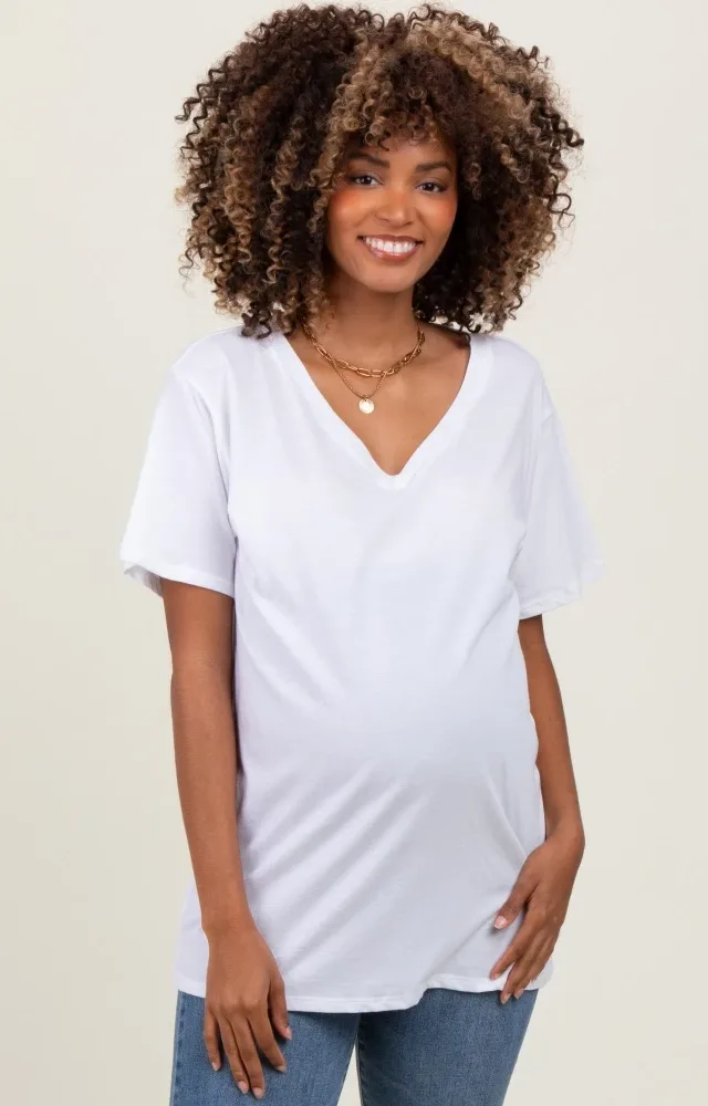 White Oversized V-Neck Short Sleeve Maternity Tee